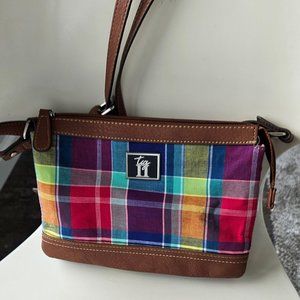 Tig & Co. cross body bag, multi color plaid cotton